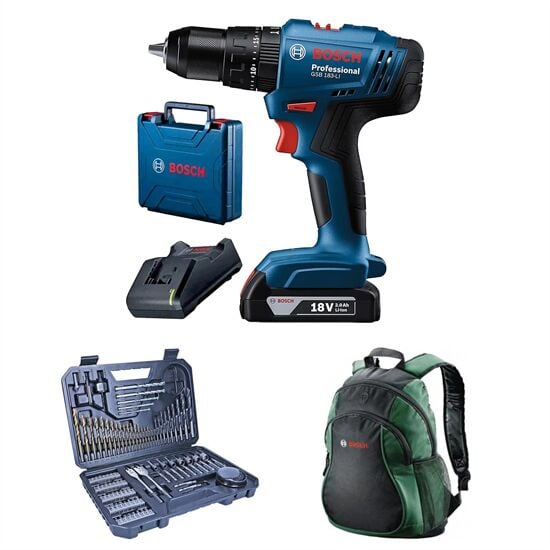 Bosch Professional GSB 183 Tek Akülü 2 Ah Darbeli Matkap Şarjlı + V-Line 103 Parça Karışık Aksesuar Seti+ Bosch Sırt Çantası