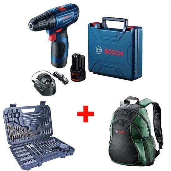 BOSCH Professional GSR 120-LI Çift Akülü Delme Vidalama + Bosch Sırt Çantası + Bosch V-Line 103 Parça Karışık Aksesuar Seti