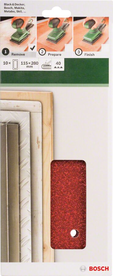 Bosch - Titreşimli Zımpara Kağıdı 10'lu, 115 x 280 mm 40 Kum 14 Delik