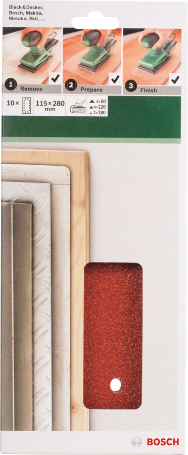 Bosch - Titreşimli Zımpara Kağıdı 10'lu Set, 115 x 280 mm 60/120/180 Kum 14 Delik