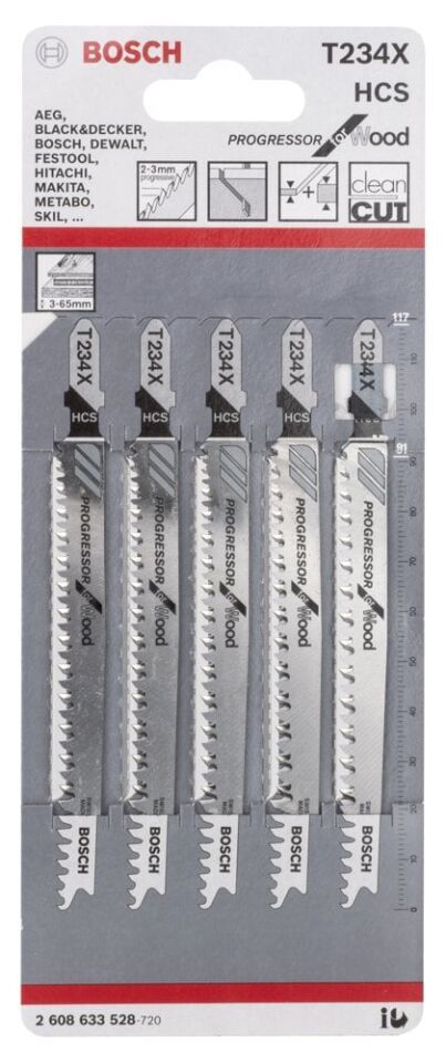 Bosch - Kademeli Artan Dişli Serisi Ahşap İçin T 234 X Dekupaj Testeresi Bıçağı - 5'Li Paket