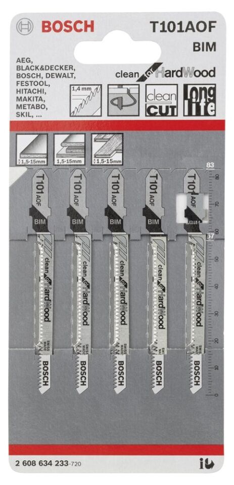 Bosch - Temiz Kesim Serisi Sert Ahşap İçin T 101 AOF Dekupaj Testeresi Bıçağı - 5'Li Paket