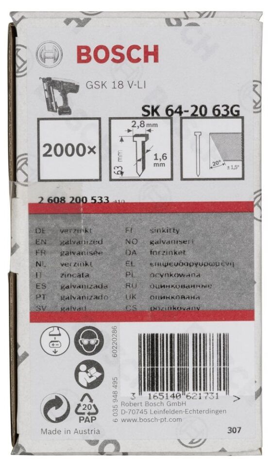 Bosch - Başsız Çivi 20ᵒ 63 mm Galvanizli 2000li