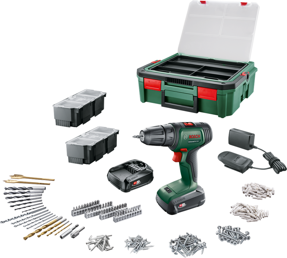 UniversalDrill 18V (2x1,5 Ah) Akülü Delme Vidalama Makinesi+ 241 parça set + Systembox S
