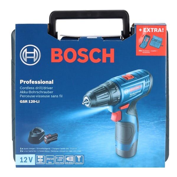 Bosch Professional GSR 120-LI 2.0Ah Çift Akülü Delme/Vidalama Makinesi + 23 Parça Set - 06019G8002