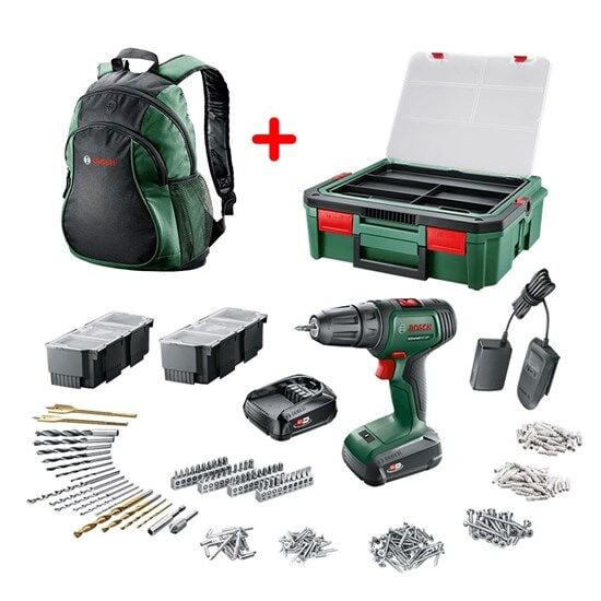 Bosch Universaldrill 18V  Akülü Matkap (1,5Ah, Çiftakü) SBX + 241Aksesuar Seti - 06039D4003