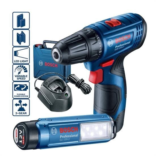 Bosch Professional GSR 120-LI  2 Ah Çift Akülü Vidalama Makinası Ve GLI 12V-300 Lamba - 06019G8004