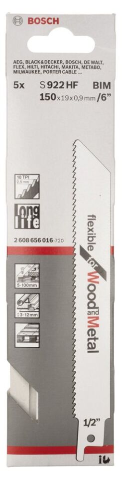 Bosch - Flexible Serisi Ahşap Ve Metal için Panter Testere Bıçağı S 922 HF - 5'li
