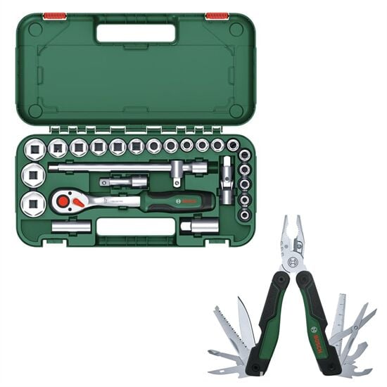 Bosch 1/2 25 Parça Cırcırlı Somun Sıkma Seti + Çok Amaçlı Alet Pense - Çakı (16 Özellik)