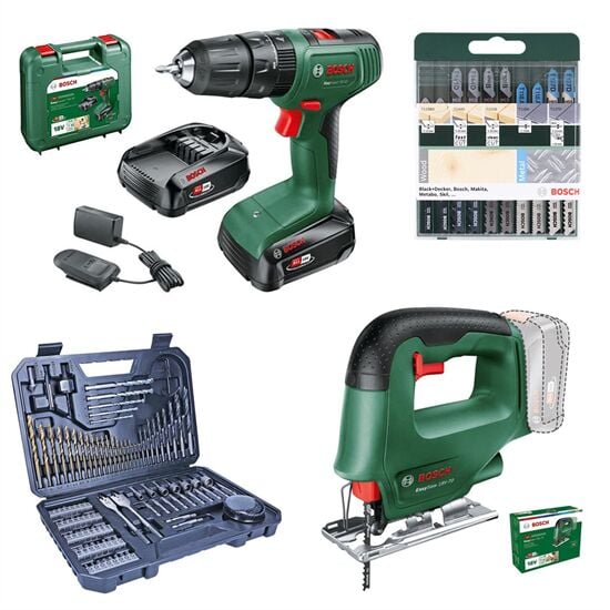 Bosch Easyımpact 18V-40 2 AH Çift Akülü Matkap + Easysaw Dekupaj Testeresi Aküsüz + Dekupaj Testere Seti 10 Lu + 103 Parça Karışık Aksesuar Seti