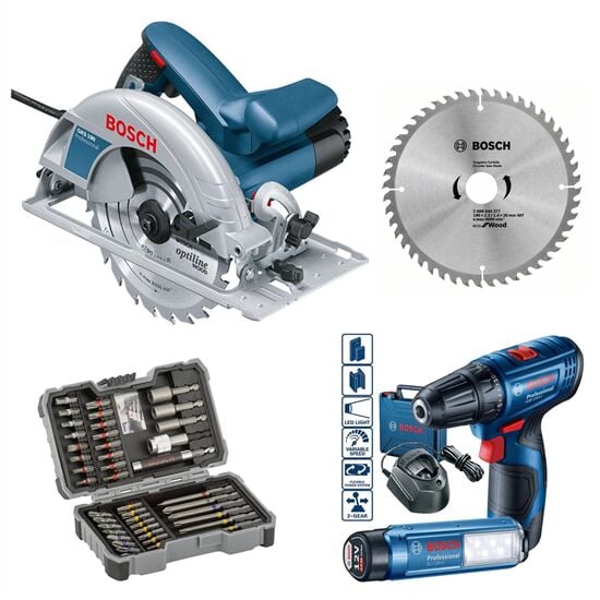 BOSCH Prf. GKS 190 Daire Testere + GSR 120-LI  2 Ah Çift Akülü Vidalama Makinası + 43 Parça Aksesuar Seti