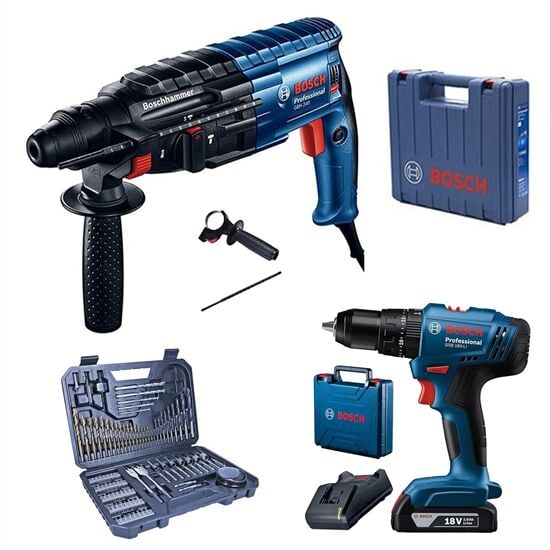 Bosch Professional GSB 183 Tek Akülü 2 Ah Darbeli Matkap Şarjlı  + GBH 240 Kırıcı Delici + V-Line 103 Parça Aksesuar Seti