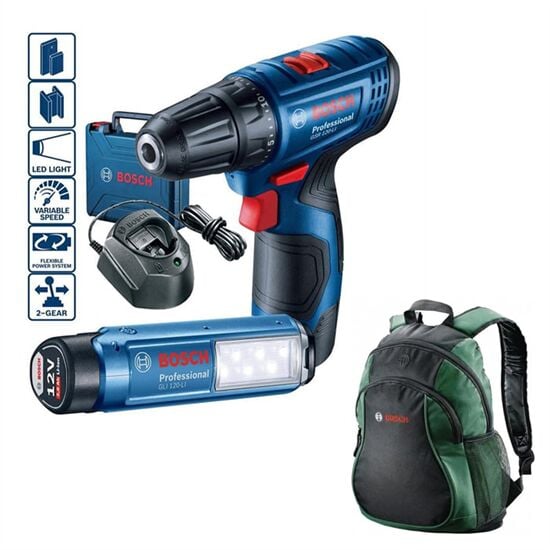 Bosch Professional GSR 120-LI  2 Ah Çift Akülü Vidalama Makinası Ve GLI 12V-300 Lamba + Bosch Sırt Çantası