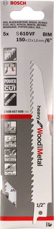 Bosch - Heavy Serisi Ahşap Ve Metal için Panter Testere Bıçağı S 610 VF - 5'li